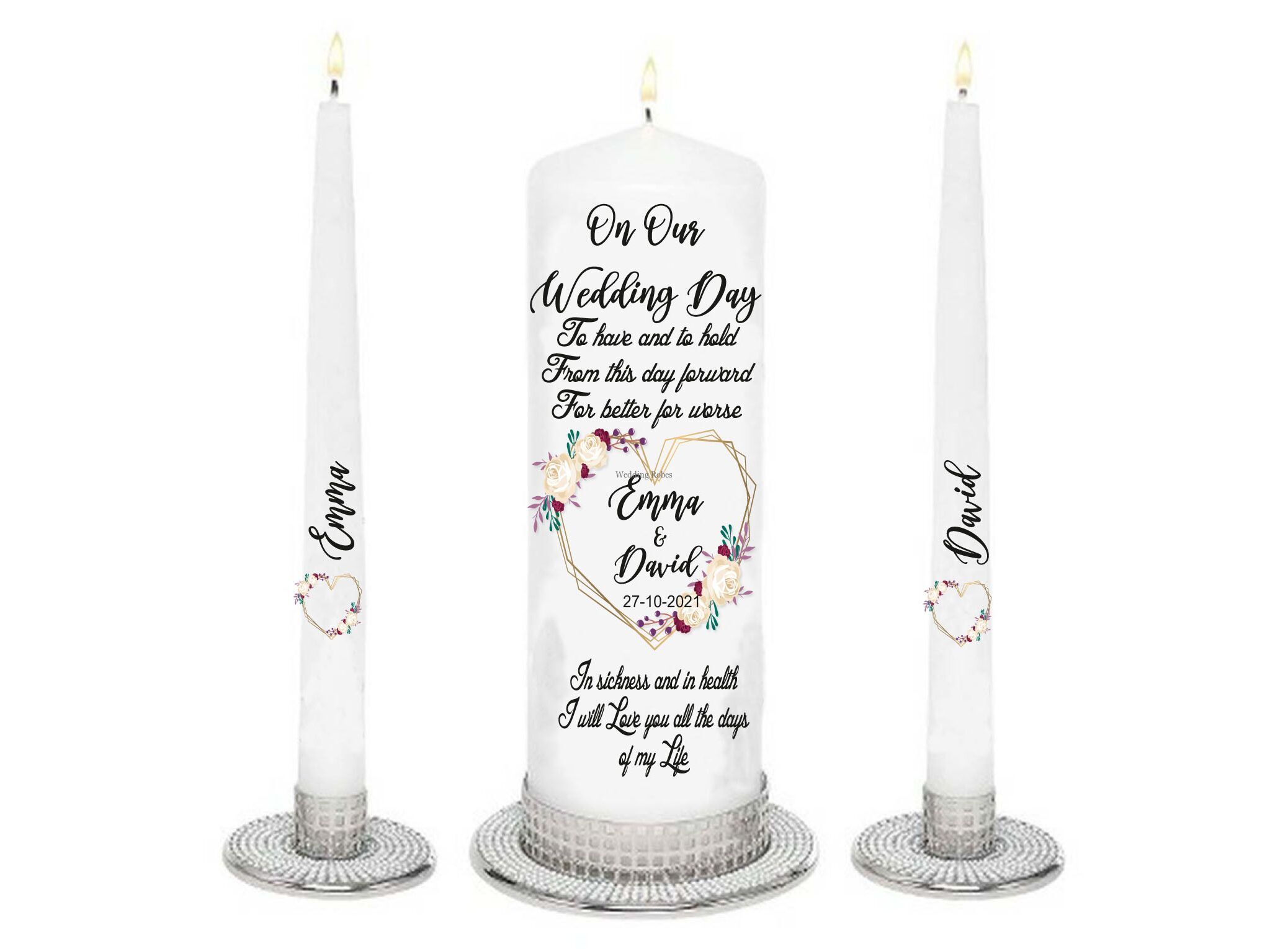 Wedding candles 50% off personalised unity candle sets choose from a wide selection of candles and verses, Heart Frame Unity set